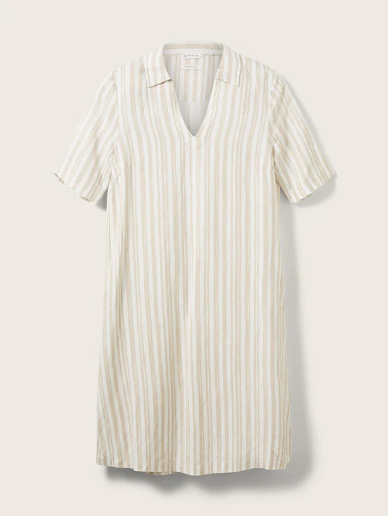 Tom Tailor Polo Sleeve Shirt Dress - Beige Stripe